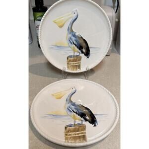 Pier 1 Imports 2 Pelican 9" Dessert/Salad Plates Ironstone Rope Border EXCELLENT